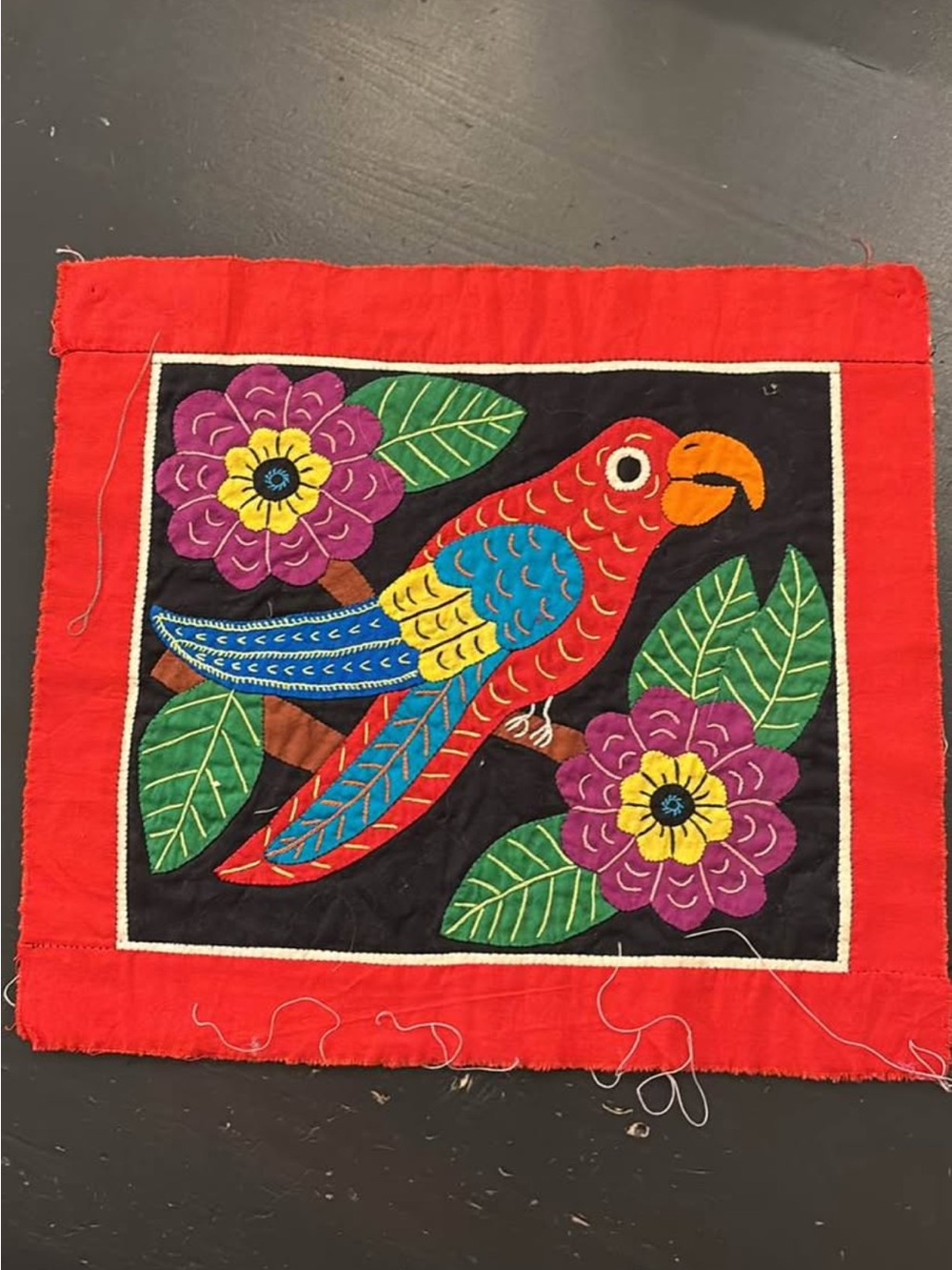 Handcrafted Red Parrot Embroidered Bird Textile Mola Art